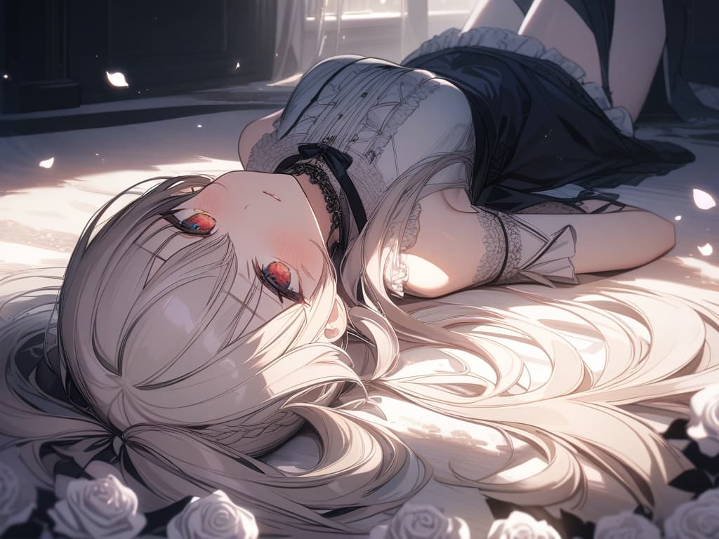  Girl, hair color beige, gothic fashion with many red, white frills, many white roses, white roses, stars, fleeting, light, twin tails, lying down, lying down, masterpiece, best quality,8k,ultra detailed,high resolution,an extremely delicate and beautiful,hyper detail