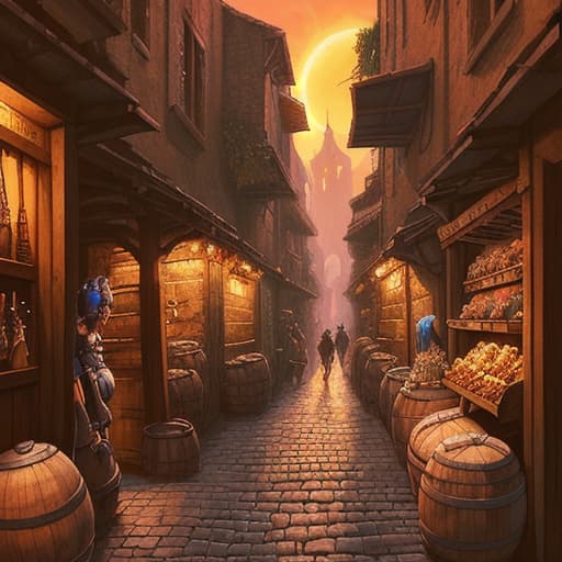  80's fantasy art, a narrow alleyway in a bustling medieval city filled with market stalls, the alleyway is dimly lit with cobblestone streets, wooden crates and barrels are scattered around, the distant sounds of the market can still be heard as the sun begins to set