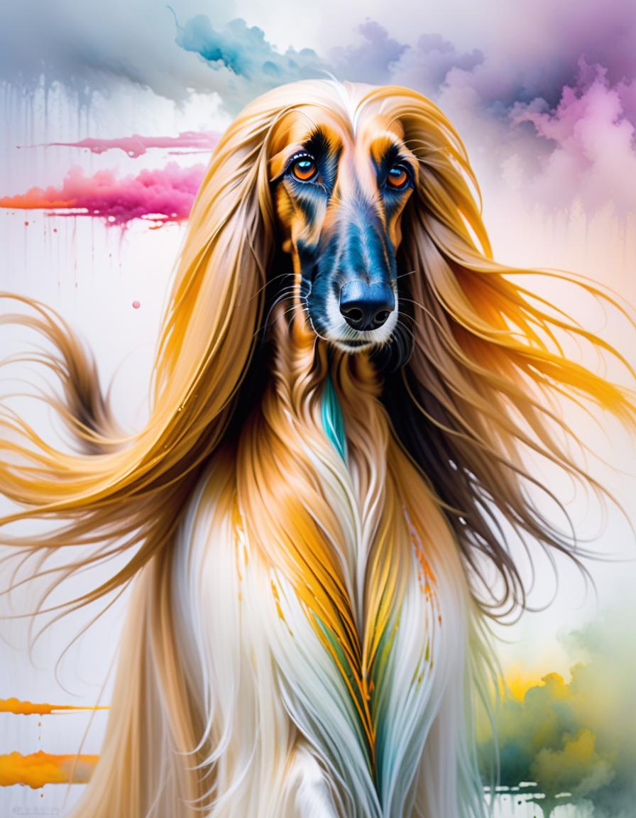  abstract expressionist painting Vibrant portrait of a beautiful afghan hound, expressive (very very small triangular eyes), flowing hair, intricate details, soft and elegant features, ethereal aura, whimsical elements, rich color palette, watercolor, colored ink, oil pastels, textured strokes, dreamlike quality, by Gabriel Pacheco, Michael Sowa, Bernard Kliban, high resolution, intricate patterns, captivating gaze, fantasy inspired, magical ambiance, surreal lighting . energetic brushwork, bold colors, abstract forms, expressive, emotional hyperrealistic, full body, detailed clothing, highly detailed, cinematic lighting, stunningly beautiful, intricate, sharp focus, f/1. 8, 85mm, (centered image composition), (professionally color graded), ((bright soft diffused light)), volumetric fog, trending on instagram, trending on tumblr, HDR 4K, 8K