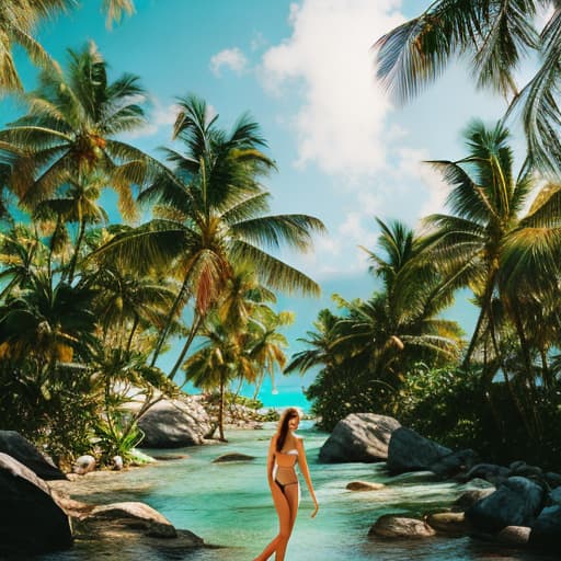 analog style Tropical Paradise hyperrealistic, full body, detailed clothing, highly detailed, cinematic lighting, stunningly beautiful, intricate, sharp focus, f/1. 8, 85mm, (centered image composition), (professionally color graded), ((bright soft diffused light)), volumetric fog, trending on instagram, trending on tumblr, HDR 4K, 8K