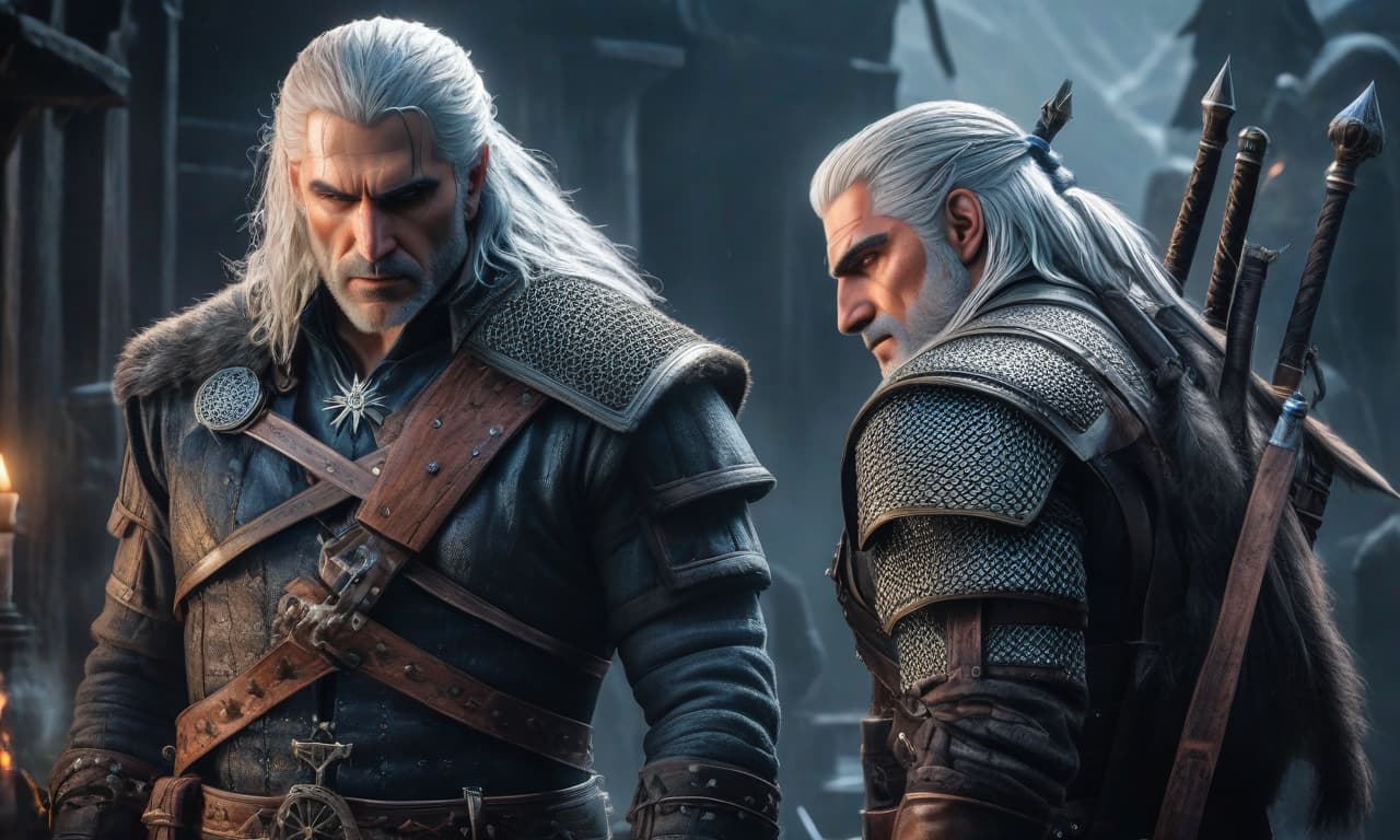  Emil Regis and Geralt of Rivia press each other hands for a big plan realism. hyperrealistic, full body, detailed clothing, highly detailed, cinematic lighting, stunningly beautiful, intricate, sharp focus, f/1. 8, 85mm, (centered image composition), (professionally color graded), ((bright soft diffused light)), volumetric fog, trending on instagram, trending on tumblr, HDR 4K, 8K