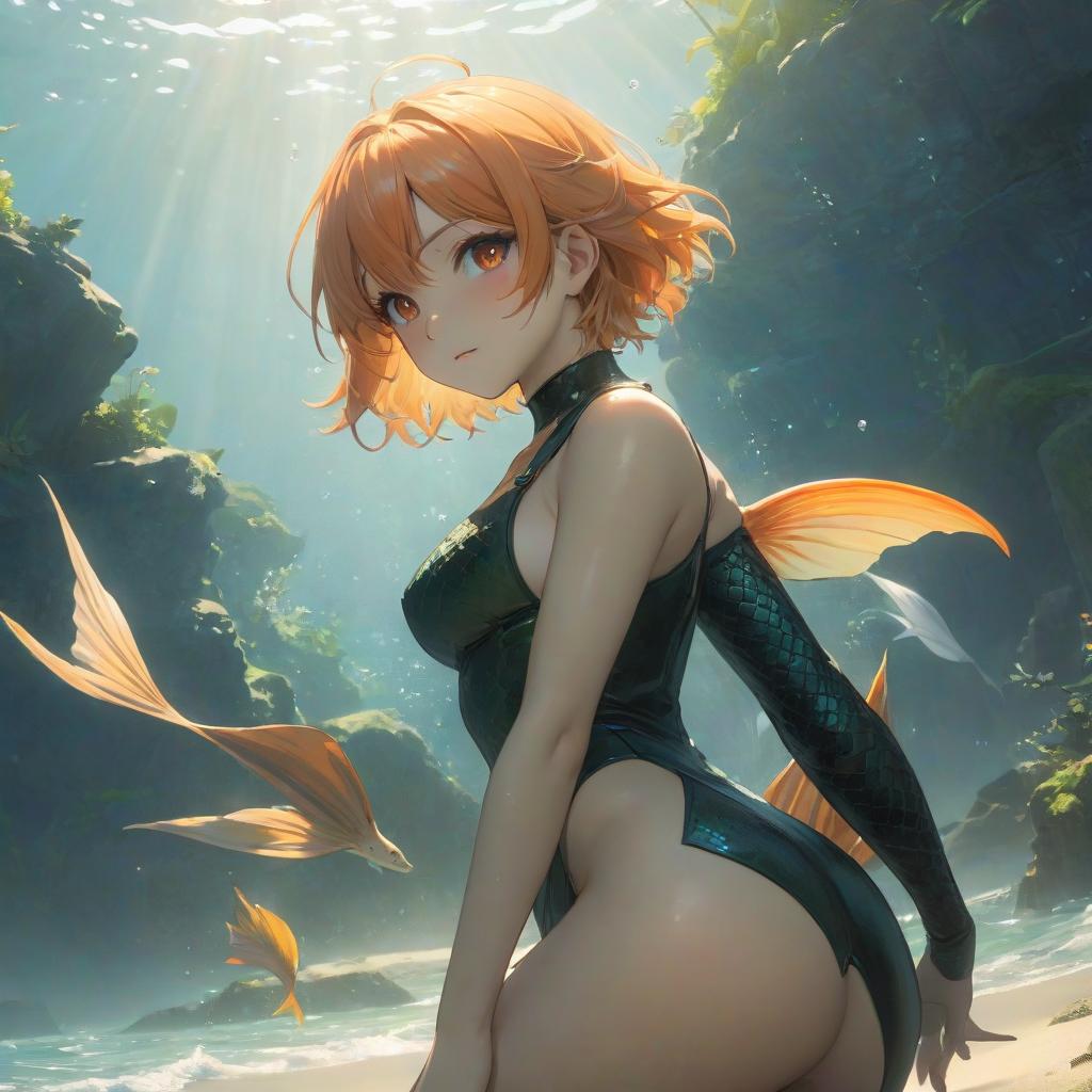  anime artwork a small , , a boy, a mermaid, hair, black eyes, orange spots on the skin, a large fish tail, fins on the arms, ears and back. One person . anime style, key visual, vint, studio anime, highly detailed, Perfect Hands hyperrealistic, full body, detailed clothing, highly detailed, cinematic lighting, stunningly beautiful, intricate, sharp focus, f/1. 8, 85mm, (centered image composition), (professionally color graded), ((bright soft diffused light)), volumetric fog, trending on instagram, trending on tumblr, HDR 4K, 8K