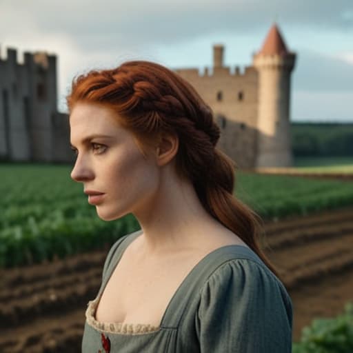  (perfect face), (pretty face), (perfect eyes), Cinematic Film Still, Medieval \(setting\), beautiful peasant woman, auburn hair, short braid hairstyle, pale skin, [light freckles], outdoors, picking crops, field, gloomy, overcast, cool color temperature, detailed skin texture, wearing soft linen Chemise, dramatic, dirty, castle wall in background, solo, cinematic lighting, muted color palette, shadow, 50mm, F/5.6 lens, ISO 1000, (extremely detailed), grim, gritty, Movie Still from Kingdom Come hyperrealistic, full body, detailed clothing, highly detailed, cinematic lighting, stunningly beautiful, intricate, sharp focus, f/1. 8, 85mm, (centered image composition), (professionally color graded), ((bright soft diffused light)), volumetric fog, trending on instagram, trending on tumblr, HDR 4K, 8K