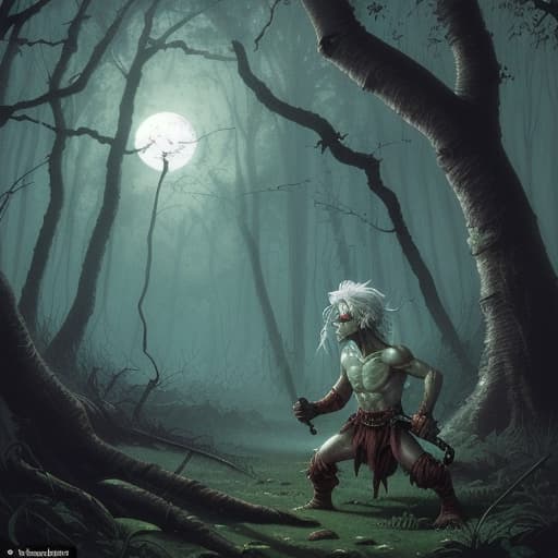  80's fantasy art, Forest clearing with signs of battle, goblin bodies scattered, young fighter with white hair and red eyes holding a longsword, determined look, moonlight filtering through the trees.
