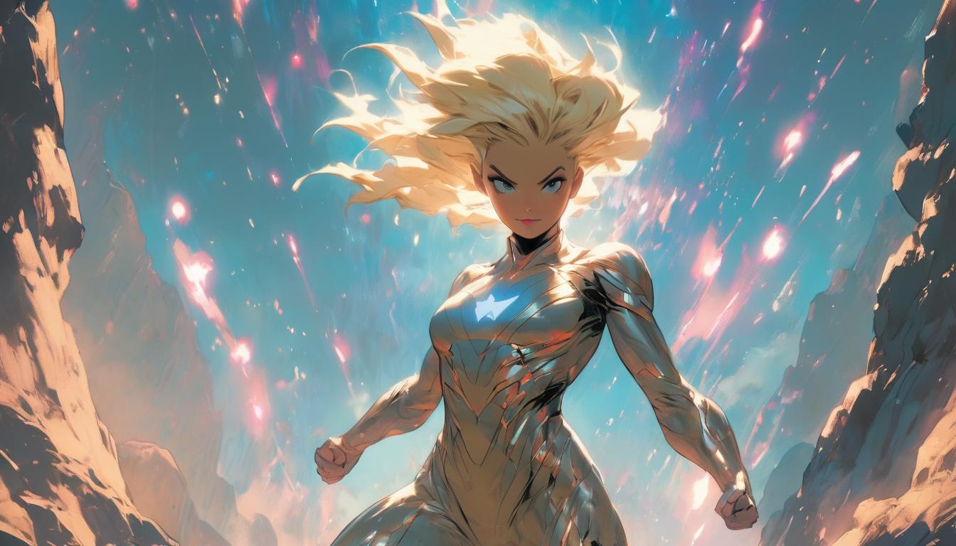  hyperrealism,fantasy aesthetic1woman, large busted attractive blonde arian female humanoid, standing on a cliff edge, arms open wide, starry sky above, high tech clothing clad in sleek, futuristic costume with metallic accents and form fitting designs, marvel superhero comics style, unreal engine rendering