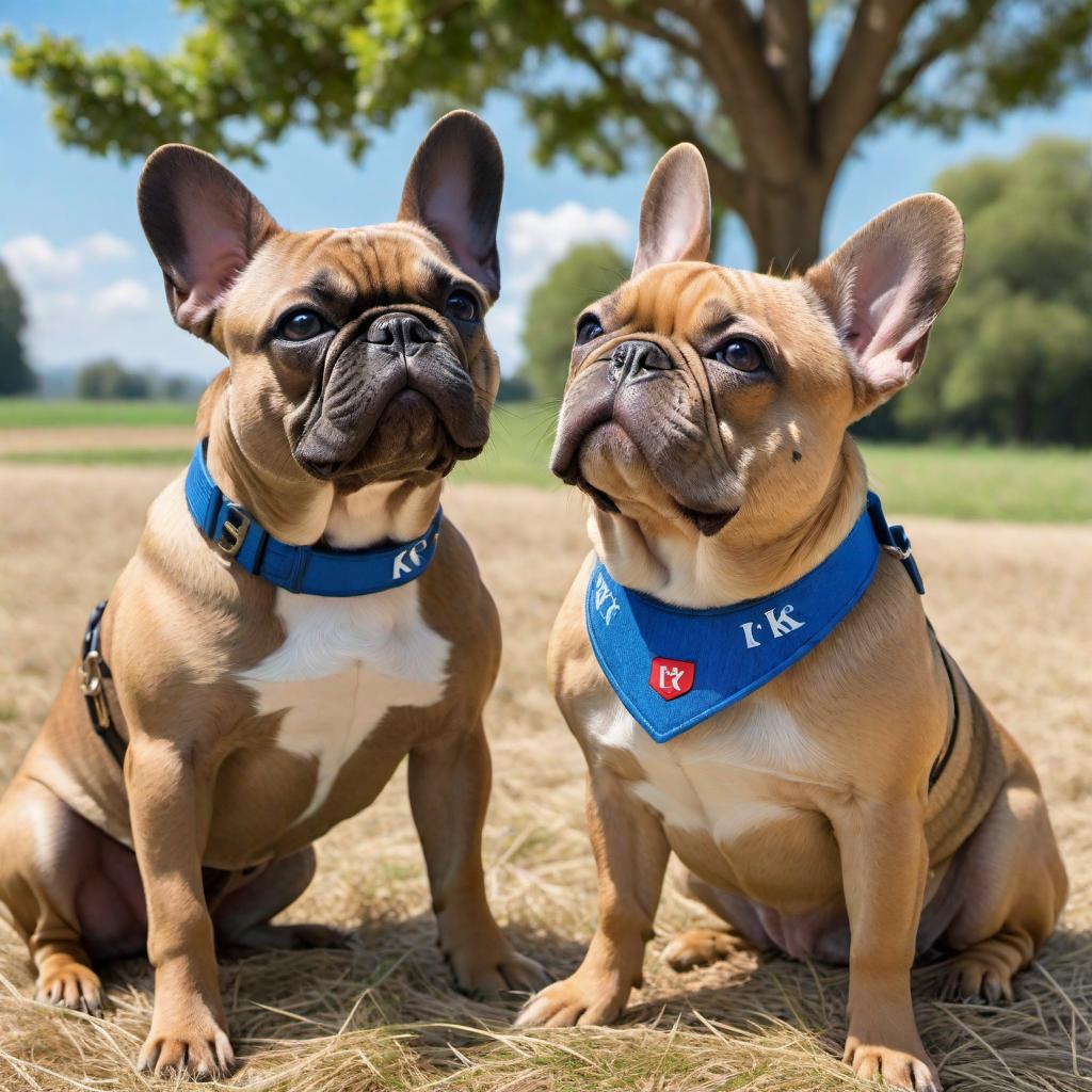  Two French Bulldogs, one with a letter 'K' on its collar and the other with a letter 'E' on its collar. Both dogs are sitting on a grassy field with a bright blue sky in the background. The 'K' Frenchie is fawn-colored and the 'E' Frenchie is brindle-colored. hyperrealistic, full body, detailed clothing, highly detailed, cinematic lighting, stunningly beautiful, intricate, sharp focus, f/1. 8, 85mm, (centered image composition), (professionally color graded), ((bright soft diffused light)), volumetric fog, trending on instagram, trending on tumblr, HDR 4K, 8K