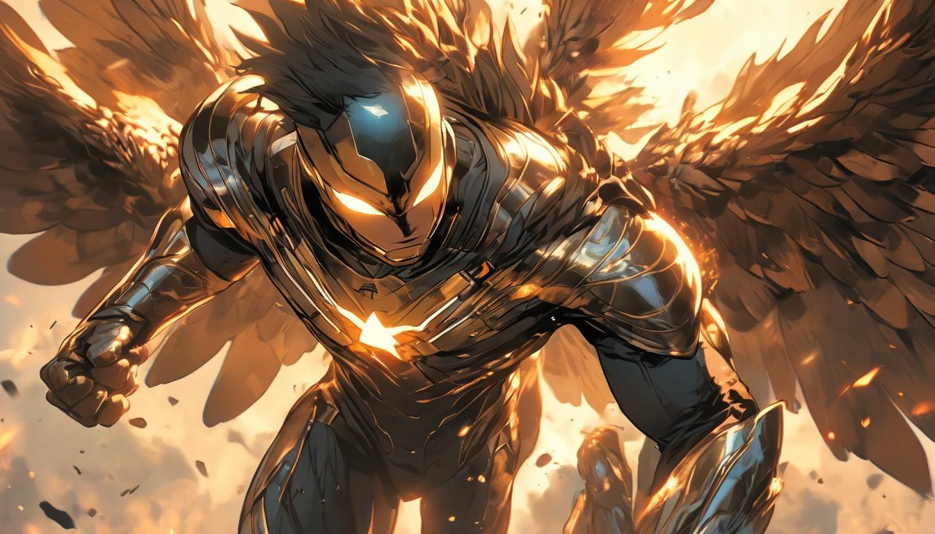  hyperrealism,fantasy aestheticA hawk diving towards an intruder, fierce gaze, powerful wings, retaliation, vengeance, high tech clothing clad in sleek, futuristic costume with metallic accents and form fitting designs, marvel superhero comics style, unreal engine rendering