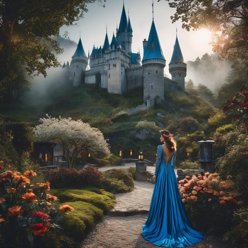  A Blue magical fairy tale land with a castle centered between trees with fairy lights and flowers hyperrealistic, full body, detailed clothing, highly detailed, cinematic lighting, stunningly beautiful, intricate, sharp focus, f/1. 8, 85mm, (centered image composition), (professionally color graded), ((bright soft diffused light)), volumetric fog, trending on instagram, trending on tumblr, HDR 4K, 8K