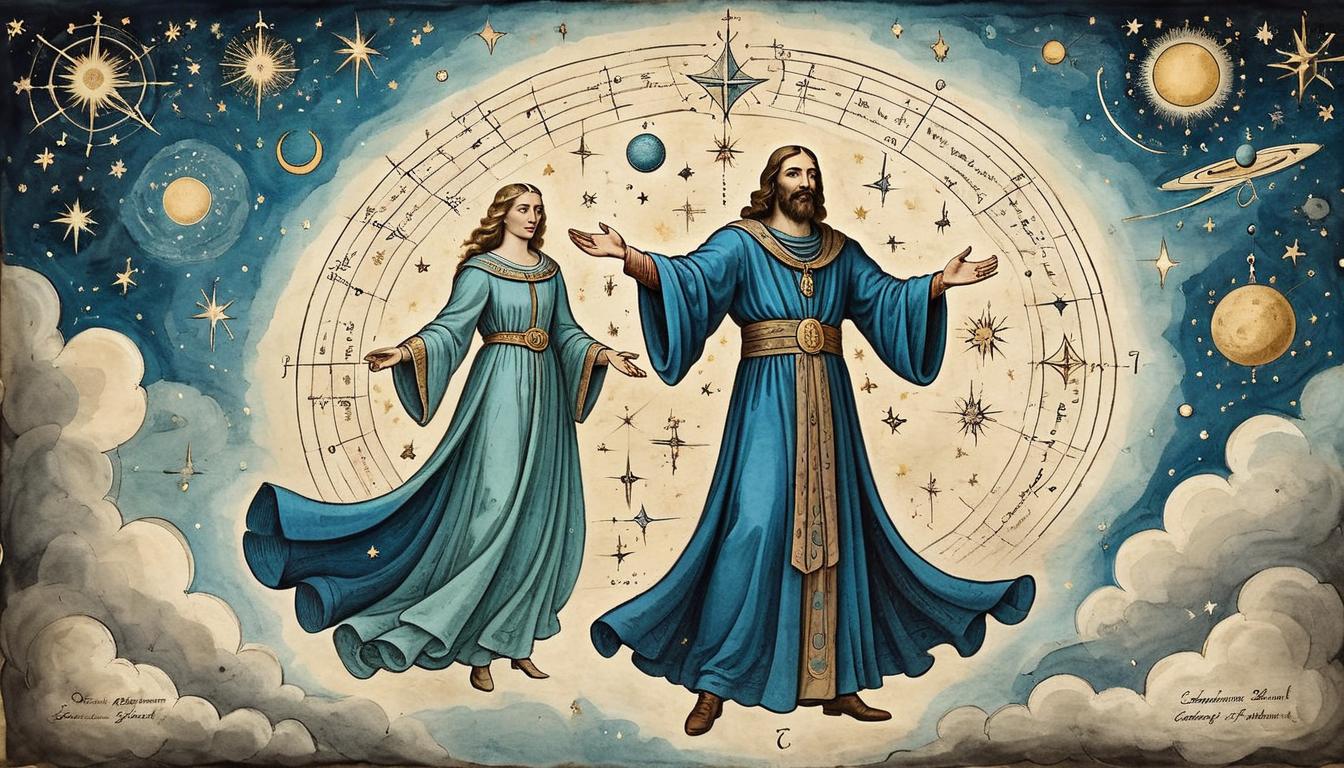  on parchment, surrealism+++, A celestial figure, flowing robes, arms outstretched towards a constellation, stars glimmering in the shape of guiding symbols, divine plan, trust, cosmic alignment(mysterious, provocative, symbolic,muted color)+++