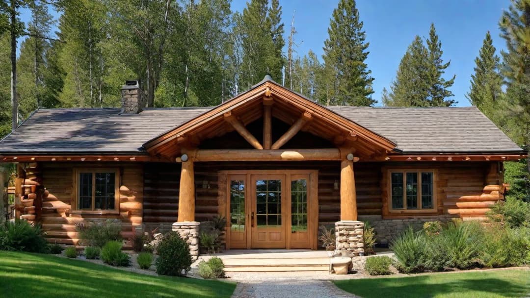  Grand entrance of a luxurious log cabin with custom wooden doors, zoom out to see the full home, bright sunny day, sharp and crisp image