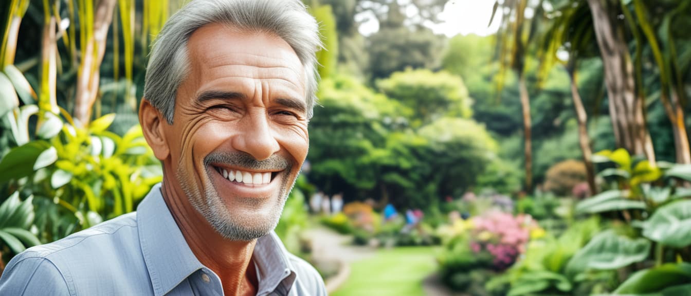  best quality, HD, Portrait of a mature man in a botanical garden , the male smiling face show how much he is enjoying this green nature surrounding him