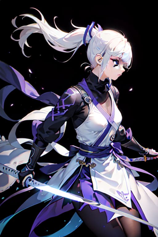  upper body, 1girl, white hair, ponytail, purple eyes, (ninja), short sword, medium breats ,scarf, wallpaper, magic circle background, light particles, blue fire hyperrealistic, full body, detailed clothing, highly detailed, cinematic lighting, stunningly beautiful, intricate, sharp focus, f/1. 8, 85mm, (centered image composition), (professionally color graded), ((bright soft diffused light)), volumetric fog, trending on instagram, trending on tumblr, HDR 4K, 8K