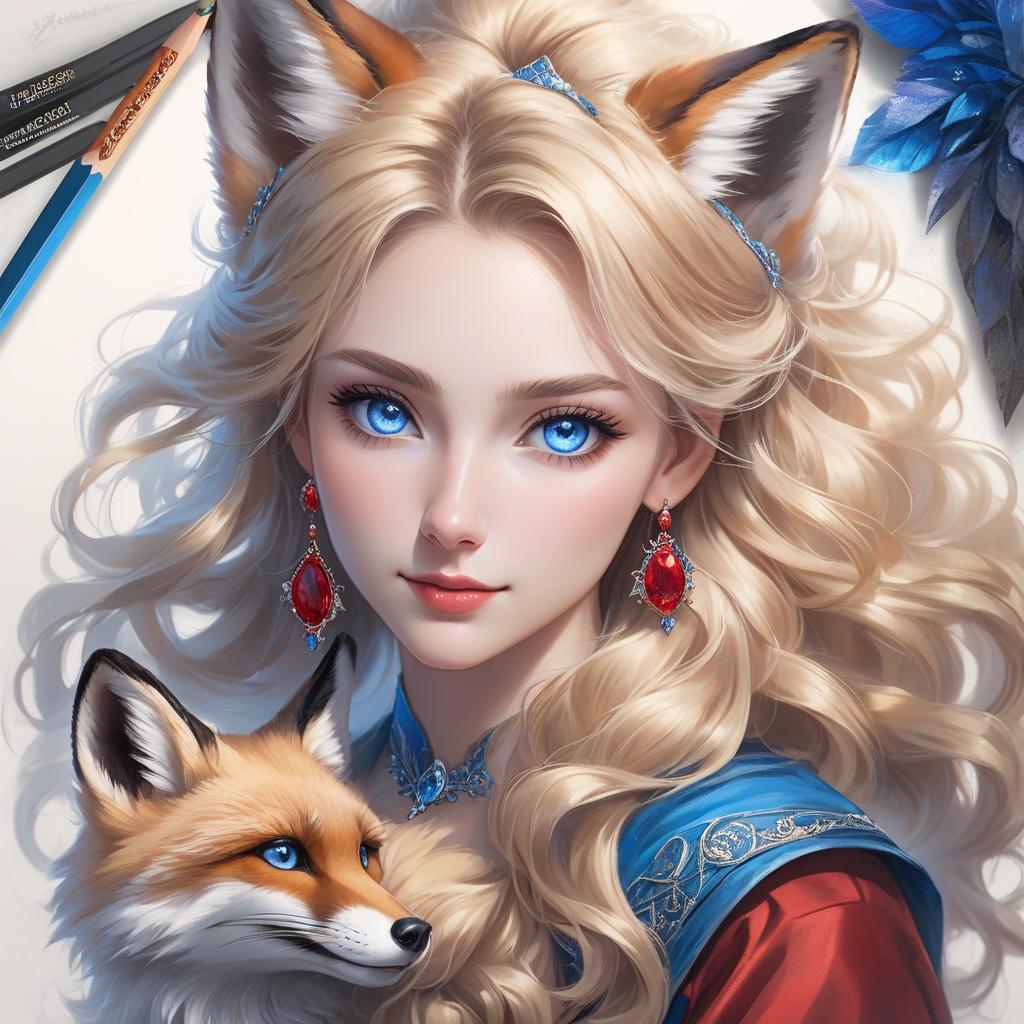  concept art A portrait of a young woman with wavy hair and blue eyes, wearing a blue headband and earrings, with a red fox beside her. A pencil and charcoal drawing portrait of a beautiful , with big blue sparkling eyes, slight smile, fanciful clothes, messy blond hairstyle, holding a fox in his arms with intricate details and precisely drawn drawing . digital artwork, ilrative, painterly, matte painting, highly detailed hyperrealistic, full body, detailed clothing, highly detailed, cinematic lighting, stunningly beautiful, intricate, sharp focus, f/1. 8, 85mm, (centered image composition), (professionally color graded), ((bright soft diffused light)), volumetric fog, trending on instagram, trending on tumblr, HDR 4K, 8K