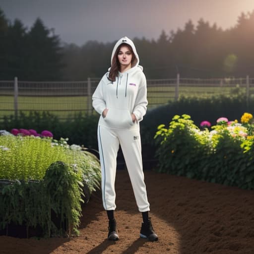  photo-realistic photography of brunette model in the vegetable backyard garden in late dusk, dressed in sportswear hoody hyperrealistic, full body, detailed clothing, highly detailed, cinematic lighting, stunningly beautiful, intricate, sharp focus, f/1. 8, 85mm, (centered image composition), (professionally color graded), ((bright soft diffused light)), volumetric fog, trending on instagram, trending on tumblr, HDR 4K, 8K