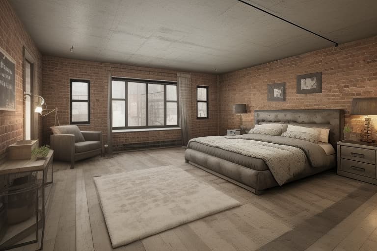  Bed Room, Peaceful, cozy, relaxation, sleep, comfort. The image presents an industrial loft theme, emphasizing raw textures, large windows, and a blend of cozy and rugged elements. Industrial loft bedroom with exposed brick walls, large windows, a simple gray bed, eclectic pillows, and vintage decor accents. industrial loft, bedroom, exposed brick walls, large windows, gray bed, eclectic pillows, vintage decor, cozy, rugged elements