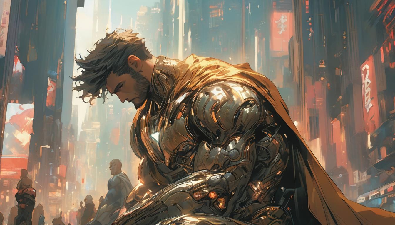  hyperrealism,fantasy aestheticClose up of a wise figure's face, deep in thought, backdrop of a bustling city, personal and professional artifacts around, solemn, revered, thoughtful, high tech clothing clad in sleek, futuristic costume with metallic accents and form fitting designs, marvel superhero comics style, unreal engine rendering