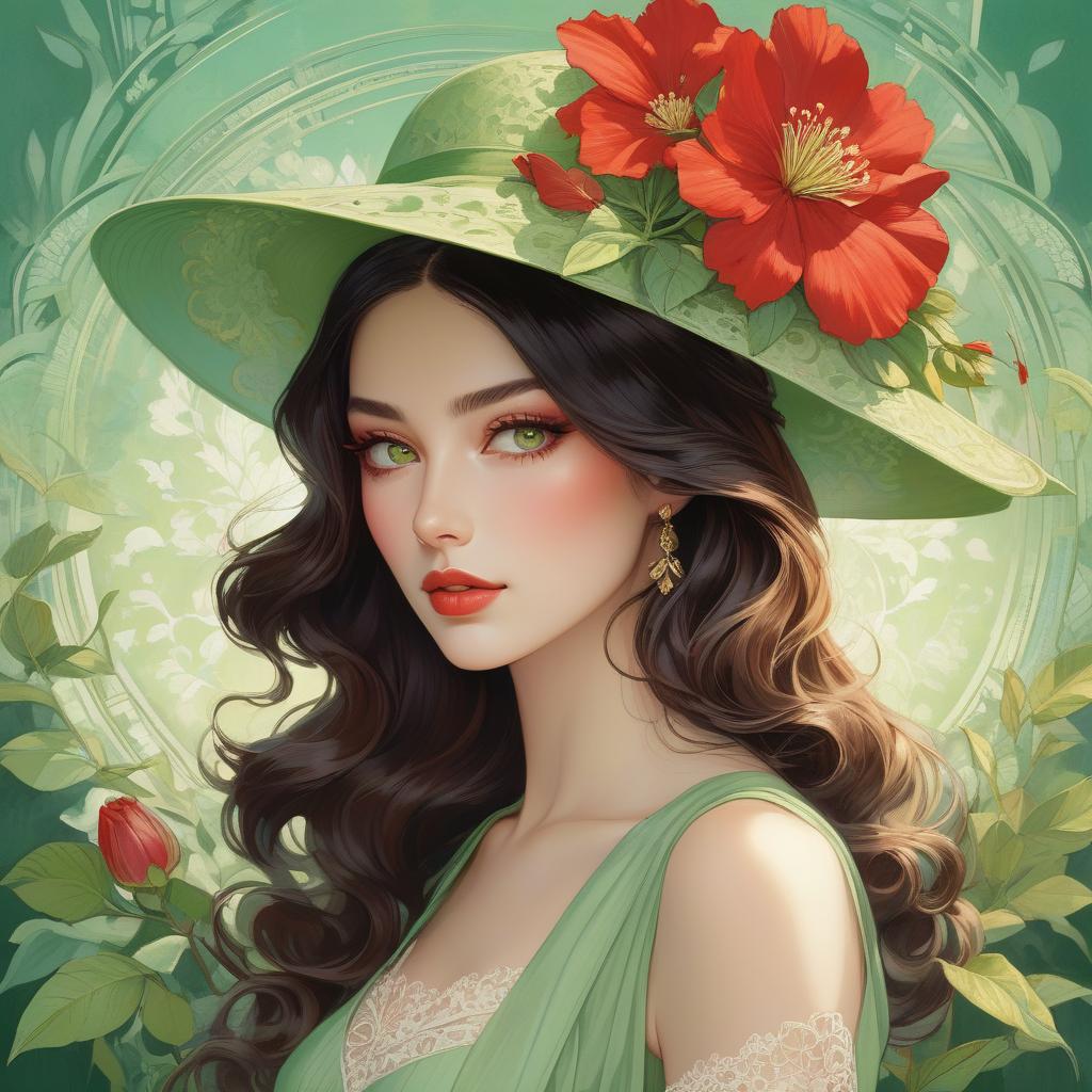  hyperrealistic art A digital artwork of a woman with green eyes, wavy hair, wearing a broad brimmed hat adorned with a flower, set against a colorful backdrop. Art deco masterpiece by legendary artists that include vlop, Victo Ngai, Annigoni, Milo Manara, Botticelli, Catrin Welz Stein, Jean Metzinger, Gustav Klimt, image of a young woman with a fair complexion and soft facial features. She has charming almond shaped hazel eyes and full lips that add to her serene expression. Her wavy, dark brown hair falls gracefully under a wide brimmed, light green hat decorated with intricate lace patterns and a delicate red flower. The background merges with her form in a dreamy watercolor blend of green, red and hints of yellow, suggesting a mix of flo hyperrealistic, full body, detailed clothing, highly detailed, cinematic lighting, stunningly beautiful, intricate, sharp focus, f/1. 8, 85mm, (centered image composition), (professionally color graded), ((bright soft diffused light)), volumetric fog, trending on instagram, trending on tumblr, HDR 4K, 8K