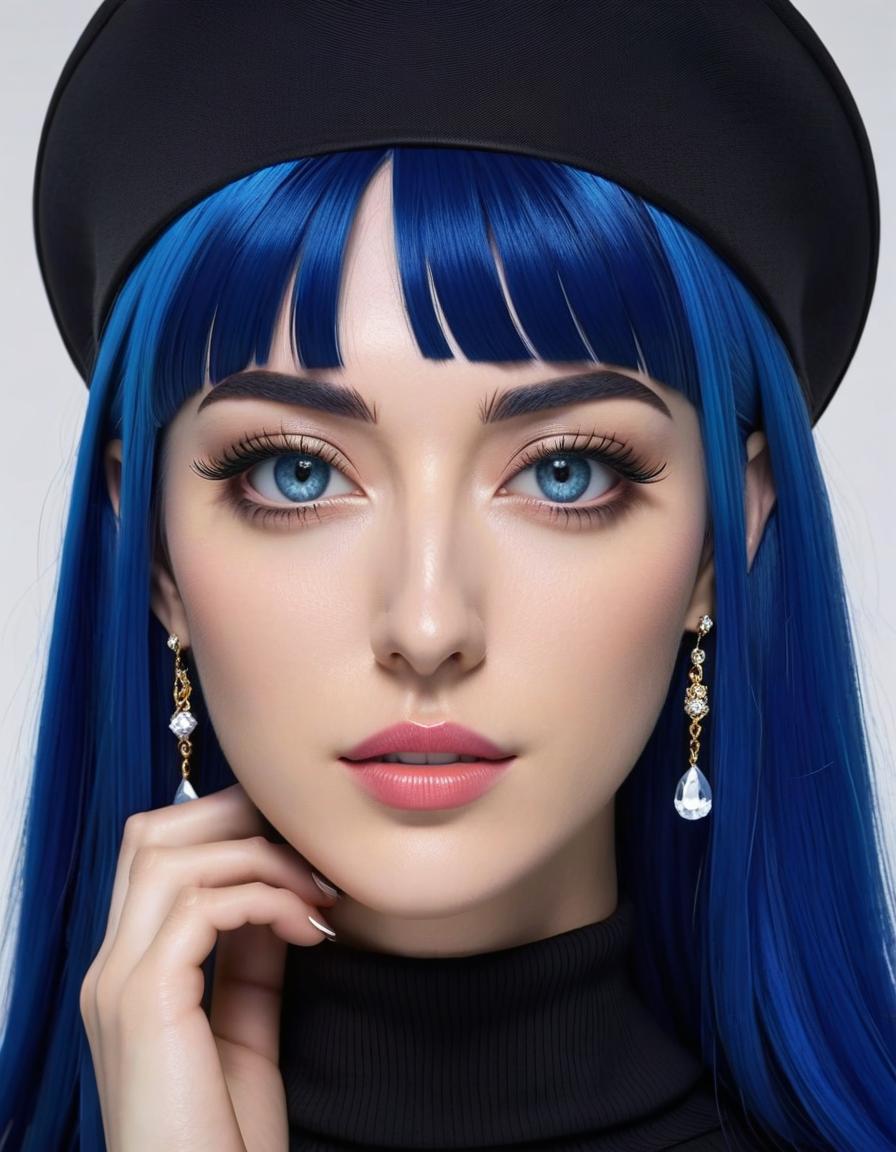  anime artwork A girl with long straight dark blue hair, a short "meth cap" hat, blue eyes, brow piercing, and long earrings. She is wearing a black tunic. . anime style, key visual, vibrant, studio anime, highly detailed hyperrealistic, full body, detailed clothing, highly detailed, cinematic lighting, stunningly beautiful, intricate, sharp focus, f/1. 8, 85mm, (centered image composition), (professionally color graded), ((bright soft diffused light)), volumetric fog, trending on instagram, trending on tumblr, HDR 4K, 8K