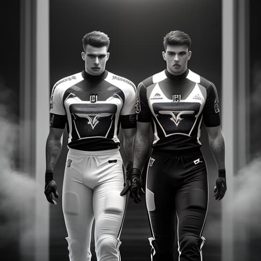  two in black and white football shirts up to the waist hyperrealistic, full body, detailed clothing, highly detailed, cinematic lighting, stunningly beautiful, intricate, sharp focus, f/1. 8, 85mm, (centered image composition), (professionally color graded), ((bright soft diffused light)), volumetric fog, trending on instagram, trending on tumblr, HDR 4K, 8K