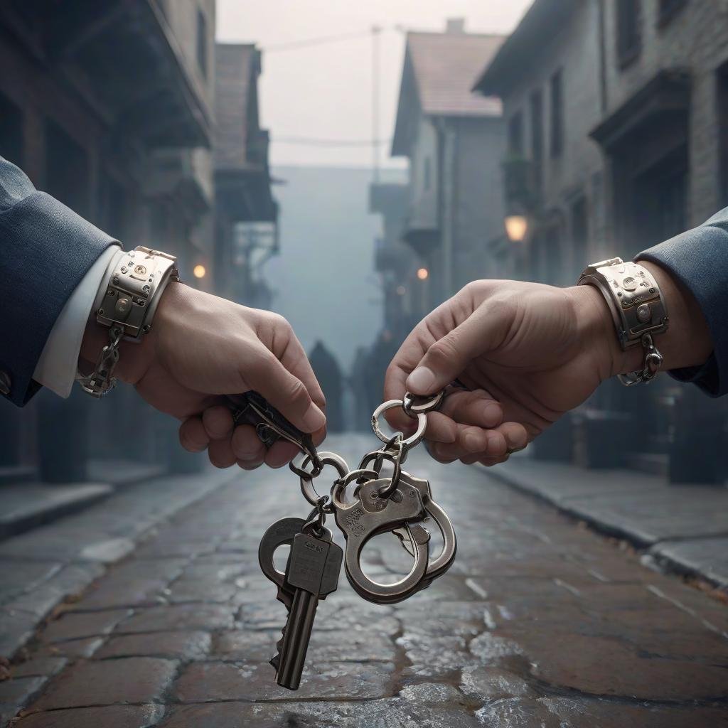  Item handcuffs: For detaining suspects. hyperrealistic, full body, detailed clothing, highly detailed, cinematic lighting, stunningly beautiful, intricate, sharp focus, f/1. 8, 85mm, (centered image composition), (professionally color graded), ((bright soft diffused light)), volumetric fog, trending on instagram, trending on tumblr, HDR 4K, 8K