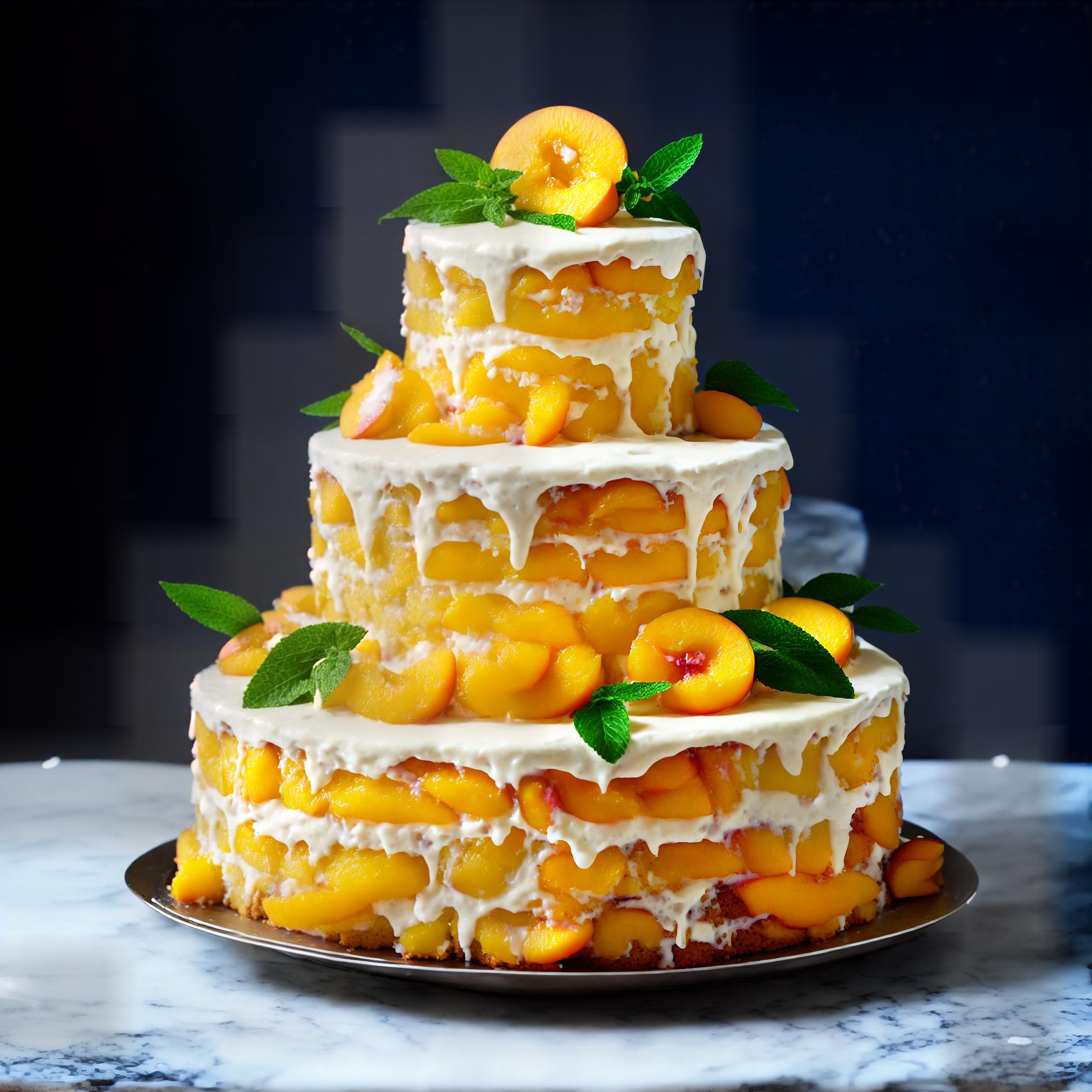  masterpiece, high quality, 4K, HDR BREAK A delicious peach cake, with a moist sponge cake base and a sweet peach topping, garnished with fresh peach slices and a dusting of powdered sugar. BREAK None BREAK Close up, centered composition BREAK Plain white background, simple and clean hyperrealistic, full body, detailed clothing, highly detailed, cinematic lighting, stunningly beautiful, intricate, sharp focus, f/1. 8, 85mm, (centered image composition), (professionally color graded), ((bright soft diffused light)), volumetric fog, trending on instagram, trending on tumblr, HDR 4K, 8K