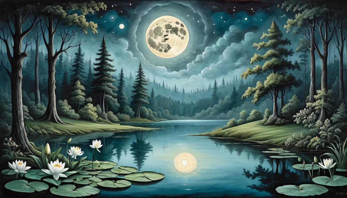  on parchment, surrealism+++, A serene lake reflecting a full moonlit sky, surrounded by lush, dark forest, a lone lily floating, restorative peace, introspection(mysterious, provocative, symbolic,muted color)+++