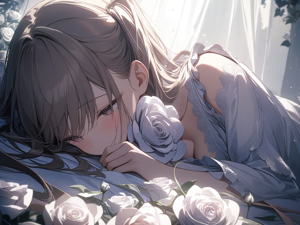  Girls, hair color beige, red, white frills, many white roses, many white roses, white, stars, fleeting, light, twin tails, lying, lying down, head to knees, masterpiece, best quality,8k,ultra detailed,high resolution,an extremely delicate and beautiful,hyper detail