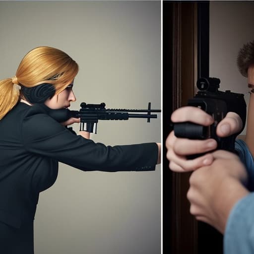  A woman is going to kill a man by shooting him by a gun both the man and the woman should be visible make it more realistic