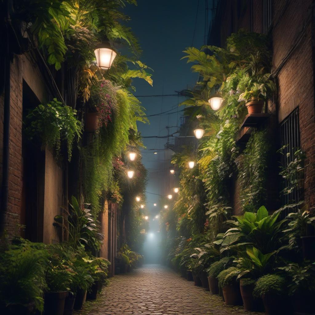  an alley of plants with decorative lighting from below at night hyperrealistic, full body, detailed clothing, highly detailed, cinematic lighting, stunningly beautiful, intricate, sharp focus, f/1. 8, 85mm, (centered image composition), (professionally color graded), ((bright soft diffused light)), volumetric fog, trending on instagram, trending on tumblr, HDR 4K, 8K