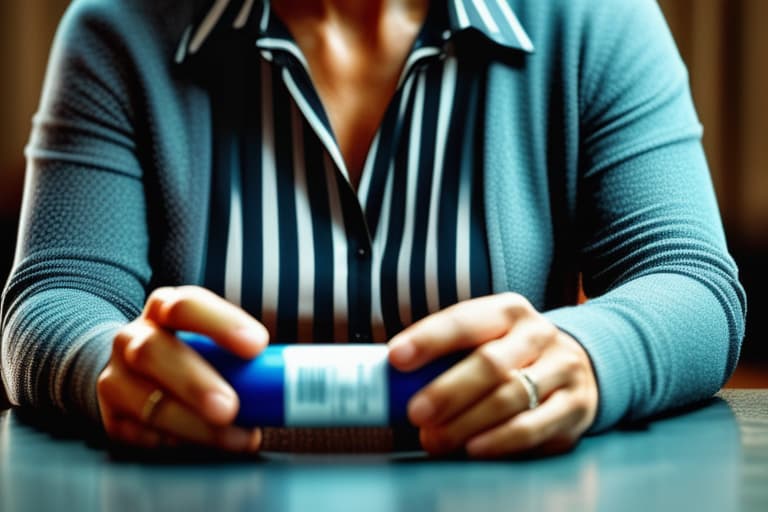  "Realistic close up of a middle aged woman, sitting in a cozy, well lit living room. She is holding her swollen, aching hands, showing visible signs of discomfort. A medical test kit for rheumatoid arthritis is placed on a small table beside her, partially opened, indicating she is about to take the test. The background is softly blurred to keep the focus on her and the test kit. The scene is detailed and intimate, evoking empathy and encouraging viewers to consider taking the test themselves. High quality, photorealistic style with warm lighting to create a comforting yet urgent atmosphere."Ensure no face,leg,hand or eye defomities.Ensure all images are clear, detailed, contains no text and no deformities. realistic, highly detailed, photo hyperrealistic, full body, detailed clothing, highly detailed, cinematic lighting, stunningly beautiful, intricate, sharp focus, f/1. 8, 85mm, (centered image composition), (professionally color graded), ((bright soft diffused light)), volumetric fog, trending on instagram, trending on tumblr, HDR 4K, 8K