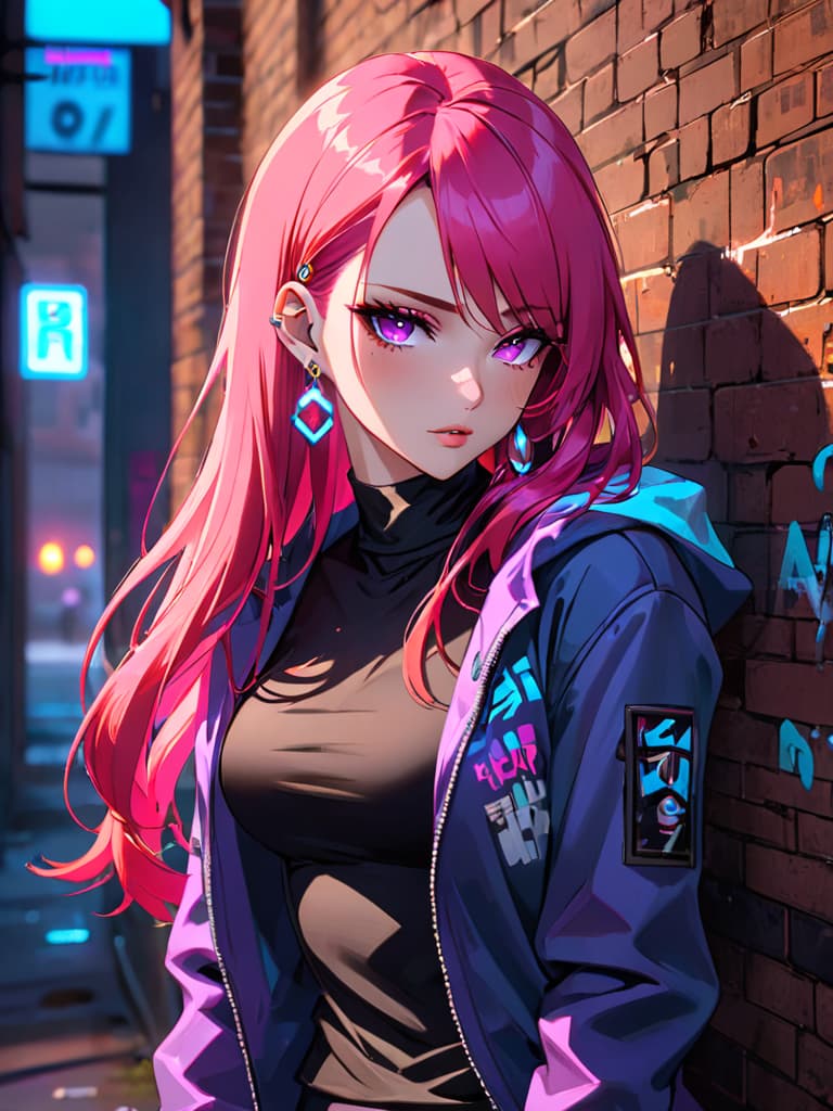  score 9, score 8 up, score 7 up, detailed, 1girl, solo, intricate details, chromatic aberration, realistic, long hair, pink hair, red head ornament, pink highlights, hair over one eye, purple eyes, earrings, sharp eyes, choker, neon shirt, torn legwear, open jacket, turtleneck sweater, night,against wall, brick wall, graffiti, dim lighting, alley, looking at viewer hyperrealistic, full body, detailed clothing, highly detailed, cinematic lighting, stunningly beautiful, intricate, sharp focus, f/1. 8, 85mm, (centered image composition), (professionally color graded), ((bright soft diffused light)), volumetric fog, trending on instagram, trending on tumblr, HDR 4K, 8K