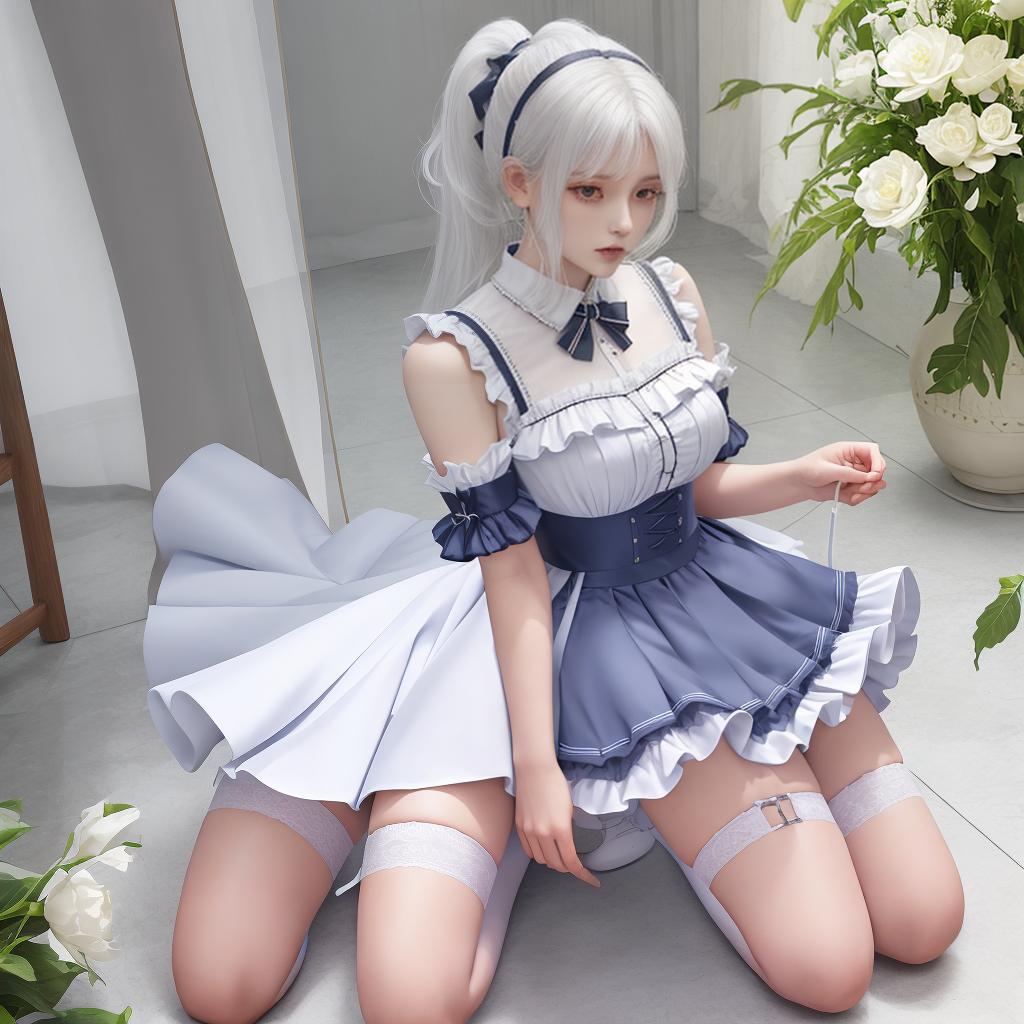  masterpiece, best quality, ruffles, bare shoulders, summer dress,JK uniform, sartorial garters, thigh straps, ankle boots, kneeling, white hair, high ponytail