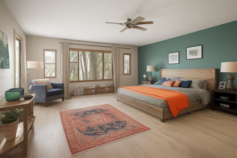  The image showcases a cozy and inviting living room theme, characterized by a modern yet rustic aesthetic. Modern rustic living room with a navy blue sofa, orange and gray pillows, wooden coffee table, oriental rug, and a floor lamp. modern, rustic, living room, navy blue sofa, orange pillows, gray pillows, wooden coffee table, oriental rug, floor lamp pink, green, yellow, blue, colors combination