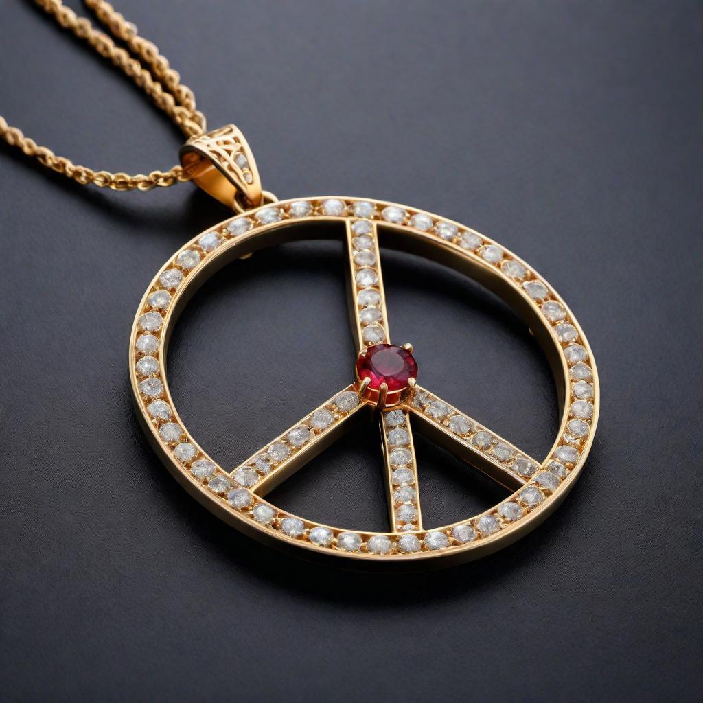  A close-up image of a pendant in the shape of a peace symbol, intricately designed with either gemstones or a metallic finish. The pendant should have a luxurious and elegant appearance. The background should be soft and out-of-focus to emphasize the pendant's details and sheen. hyperrealistic, full body, detailed clothing, highly detailed, cinematic lighting, stunningly beautiful, intricate, sharp focus, f/1. 8, 85mm, (centered image composition), (professionally color graded), ((bright soft diffused light)), volumetric fog, trending on instagram, trending on tumblr, HDR 4K, 8K