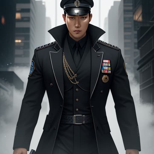  I want a novel cover about a Korean man who works as a policeman during the day and as the leader of a secret organization at night. hyperrealistic, full body, detailed clothing, highly detailed, cinematic lighting, stunningly beautiful, intricate, sharp focus, f/1. 8, 85mm, (centered image composition), (professionally color graded), ((bright soft diffused light)), volumetric fog, trending on instagram, trending on tumblr, HDR 4K, 8K