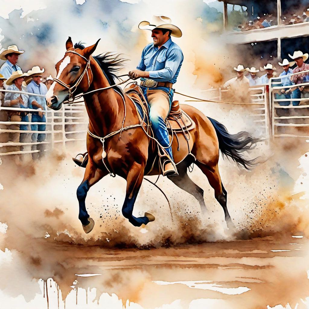  Create a watercolor painting of calf roping at a rodeo. The background features soft, watercolor style splashes in earthy tones, giving the image an artistic and dreamy feel. Ensure the overall image has a delicate watercolor effect.