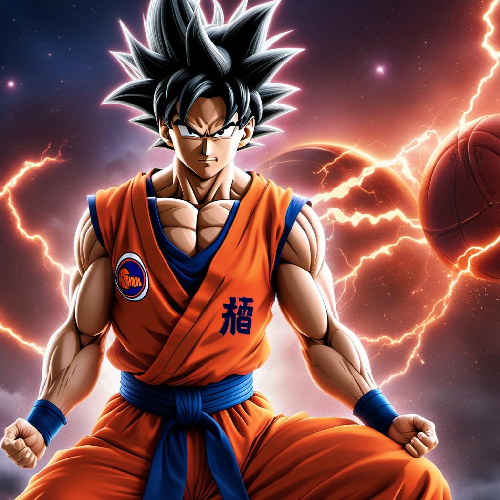  Create an NBA-style logo featuring Goku from Dragon Ball Z. Goku should be in a dynamic pose that closely resembles the classic NBA logo pose. The logo should incorporate the iconic NBA colors (red, white, and blue) and style, blending both the NBA and Dragon Ball Z themes seamlessly. hyperrealistic, full body, detailed clothing, highly detailed, cinematic lighting, stunningly beautiful, intricate, sharp focus, f/1. 8, 85mm, (centered image composition), (professionally color graded), ((bright soft diffused light)), volumetric fog, trending on instagram, trending on tumblr, HDR 4K, 8K