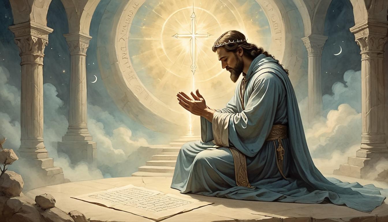  on parchment, surrealism+++, Person in reverent prayer, divine light illuminating. Thoughtful pose, serene setting, spiritual connection, ethereal guidance(mysterious, provocative, symbolic,muted color)+++