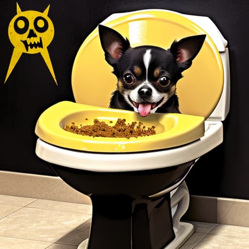  Black tan, bad chihuahua, zombie, toilet seat, feces, yellow puddle, specter, scary giggle eyes.