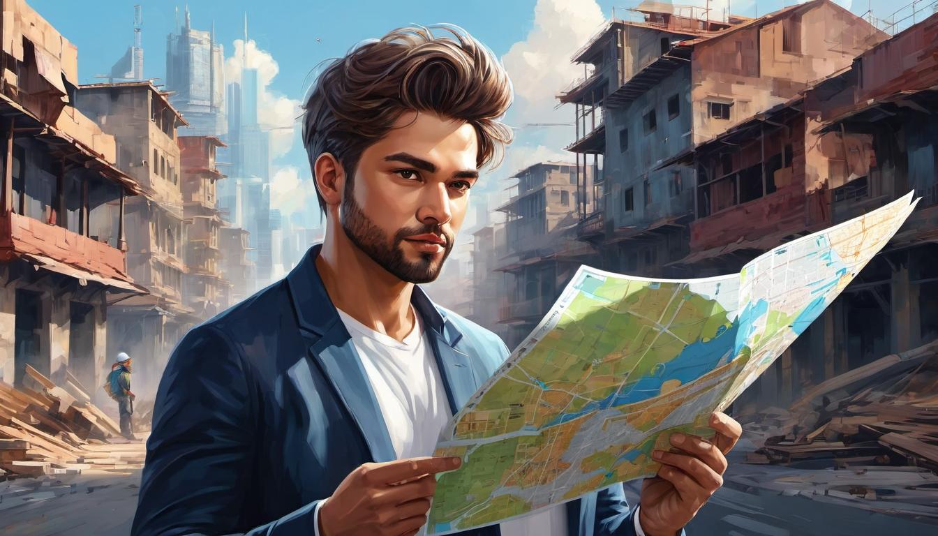  digital painting of Figure with visionary gaze, holding a map of conquests, background of a city in construction, ambitious, driven looking at viewer, dynamic pose, (intricate details, masterpiece, best quality)