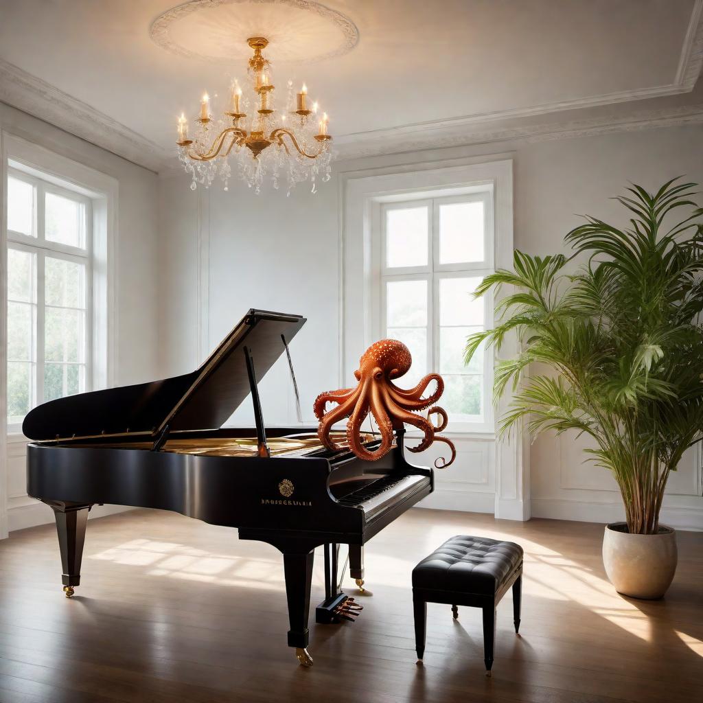  An octopus playing a piano, with its tentacles gracefully moving over the keys. The scene is set in an elegant room with soft lighting, and there is a sense of harmony and creativity in the air. hyperrealistic, full body, detailed clothing, highly detailed, cinematic lighting, stunningly beautiful, intricate, sharp focus, f/1. 8, 85mm, (centered image composition), (professionally color graded), ((bright soft diffused light)), volumetric fog, trending on instagram, trending on tumblr, HDR 4K, 8K