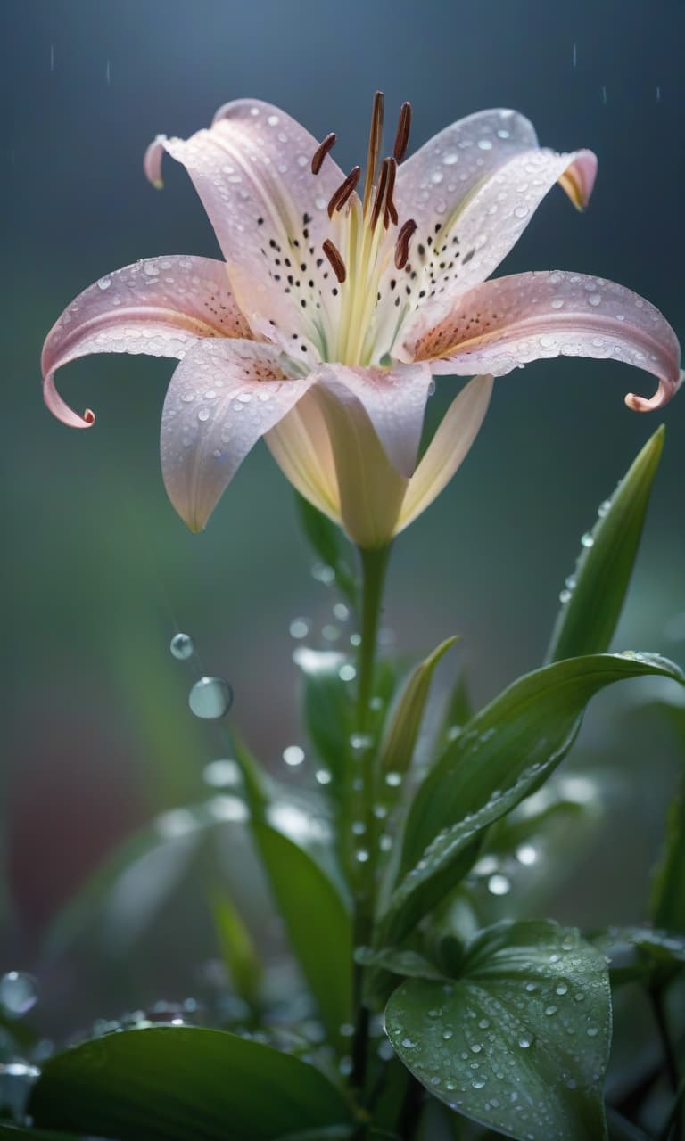  A lily flower in dew drops at dawn. hyperrealistic, full body, detailed clothing, highly detailed, cinematic lighting, stunningly beautiful, intricate, sharp focus, f/1. 8, 85mm, (centered image composition), (professionally color graded), ((bright soft diffused light)), volumetric fog, trending on instagram, trending on tumblr, HDR 4K, 8K