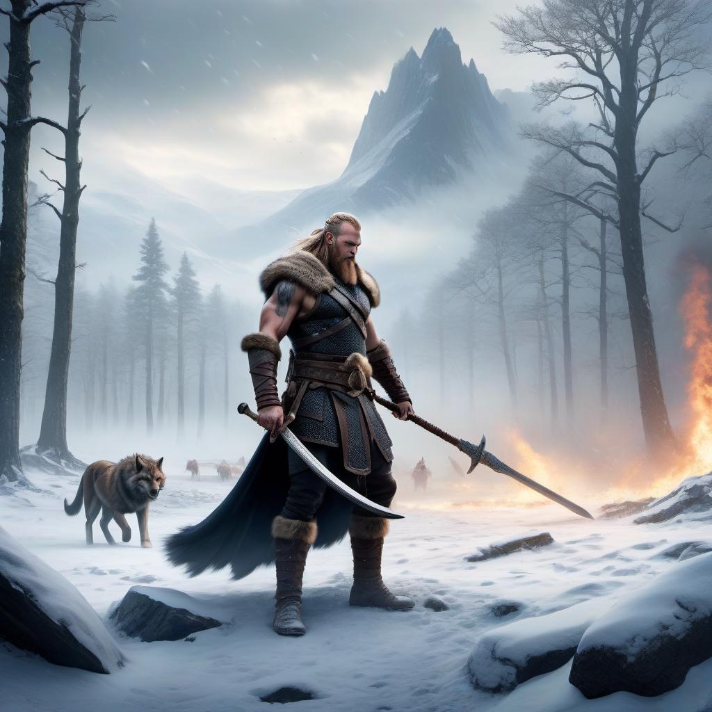  concept art I need an image in the style of Vikings and Scandinavia. In the image, a Viking Berserker dressed in a bear skin should be depicted on a battlefield. There is a battle going on on the battlefield. The location is in winter with a bright blizzard. In the background, there is a mythological monster resembling a human but actually a wolf. . digital artwork, illustrative, painterly, matte painting, highly detailed hyperrealistic, full body, detailed clothing, highly detailed, cinematic lighting, stunningly beautiful, intricate, sharp focus, f/1. 8, 85mm, (centered image composition), (professionally color graded), ((bright soft diffused light)), volumetric fog, trending on instagram, trending on tumblr, HDR 4K, 8K