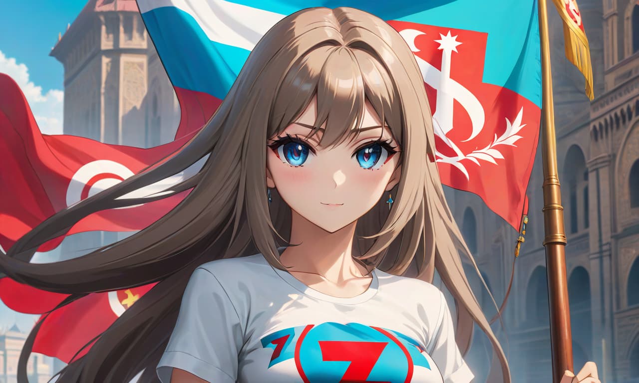  anime artwork The ruler of the country of Azerbaijan republic in 1942 named Zxcreml (a typical Russian girl with a T shirt with the letter "Z" painted on it and with long haircut) , the country of Azerbaijan republic with the ideology of capitalism, the flag of the country of Azerbaijan republic with the ideology of capitalism on the background . anime style, key visual, vibrant, studio anime, highly detailed hyperrealistic, full body, detailed clothing, highly detailed, cinematic lighting, stunningly beautiful, intricate, sharp focus, f/1. 8, 85mm, (centered image composition), (professionally color graded), ((bright soft diffused light)), volumetric fog, trending on instagram, trending on tumblr, HDR 4K, 8K