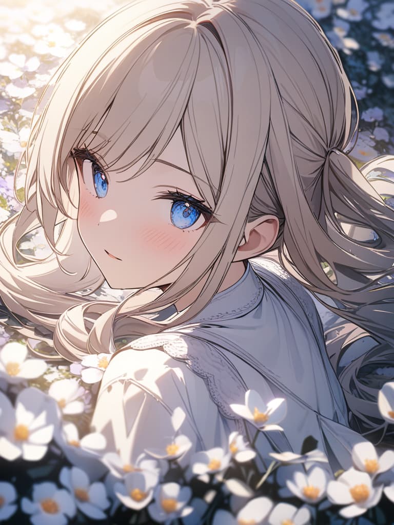  Girl, blonde, twin tail, blue eyes, flower field, masterpiece, best quality,8k,ultra detailed,high resolution,an extremely delicate and beautiful,hyper detail