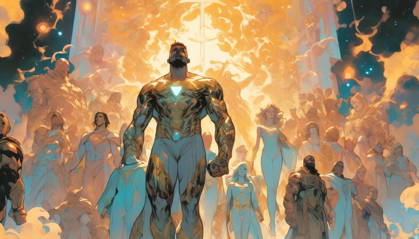  hyperrealism,fantasy aestheticA divine figure leading a group upwards, steps leading to a cosmic doorway, figures ascending behind, celestial symbols in the background, aspirational, transcendental, high tech clothing clad in sleek, futuristic costume with metallic accents and form fitting designs, marvel superhero comics style, unreal engine rendering