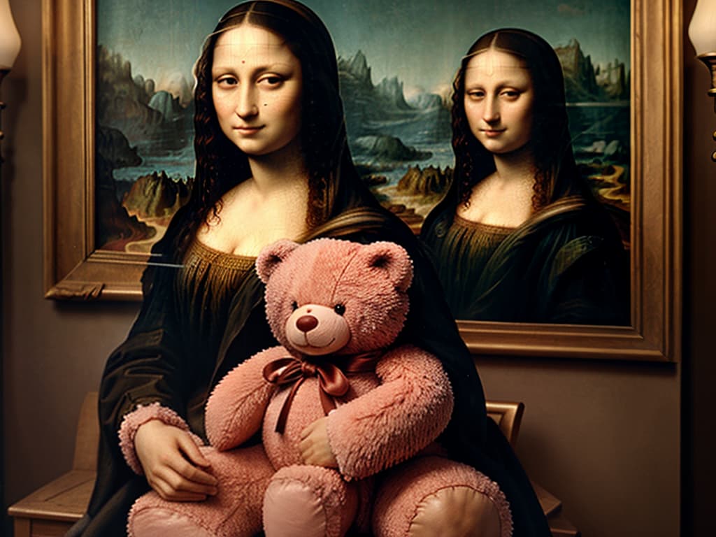  Mona Lisa ,hugging a pink teddy bear hyperrealistic, full body, detailed clothing, highly detailed, cinematic lighting, stunningly beautiful, intricate, sharp focus, f/1. 8, 85mm, (centered image composition), (professionally color graded), ((bright soft diffused light)), volumetric fog, trending on instagram, trending on tumblr, HDR 4K, 8K