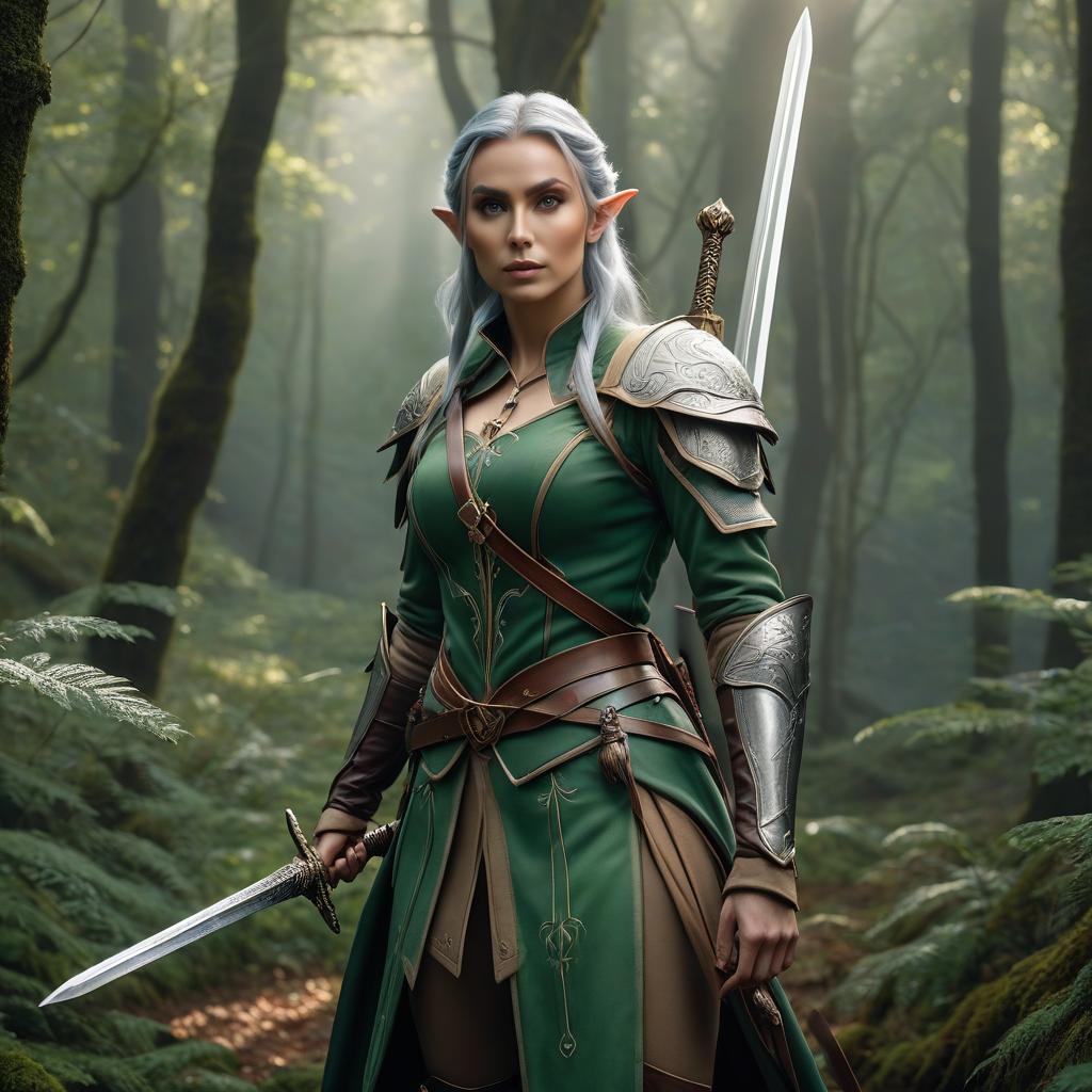  Photo, Elf with a sword, in the forest, , full size. hyperrealistic, full body, detailed clothing, highly detailed, cinematic lighting, stunningly beautiful, intricate, sharp focus, f/1. 8, 85mm, (centered image composition), (professionally color graded), ((bright soft diffused light)), volumetric fog, trending on instagram, trending on tumblr, HDR 4K, 8K