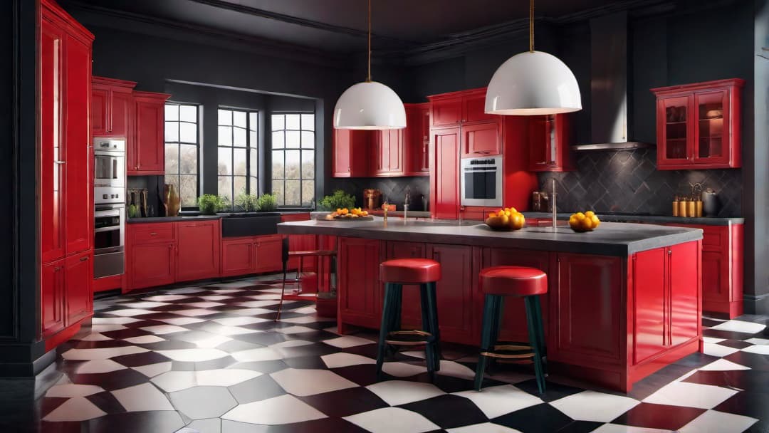  Generate an image of an 80's inspired kitchen design with bold colors and patterns. The scene should include bright red cabinets, black and white checkered flooring, and glossy black countertops. Incorporate vintage appliances in vibrant colors like yellow and green to capture the retro 80's vibe of the kitchen. hyperrealistic, full body, detailed clothing, highly detailed, cinematic lighting, stunningly beautiful, intricate, sharp focus, f/1. 8, 85mm, (centered image composition), (professionally color graded), ((bright soft diffused light)), volumetric fog, trending on instagram, trending on tumblr, HDR 4K, 8K