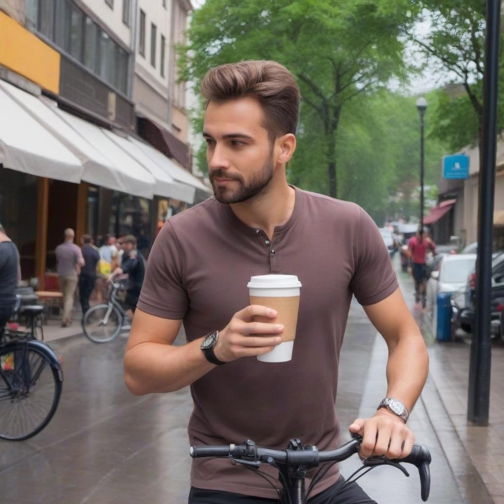  A man rides a bicycle along the street nearby cars.In one hand, the cyclist has a glass of coffee.It rains on the street summer